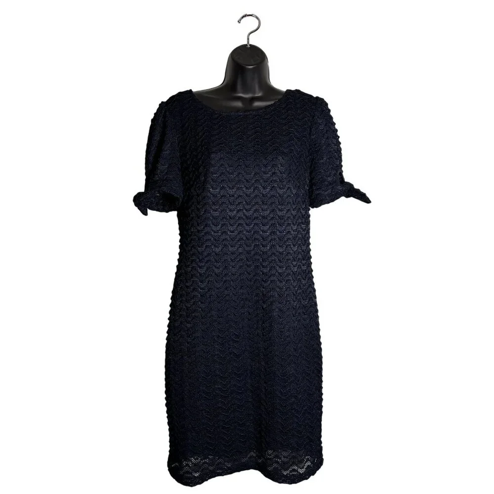 Navy/Black Lace Short Sleeve Dress By Sharagano With Bow Accents - Picture 1 of 9